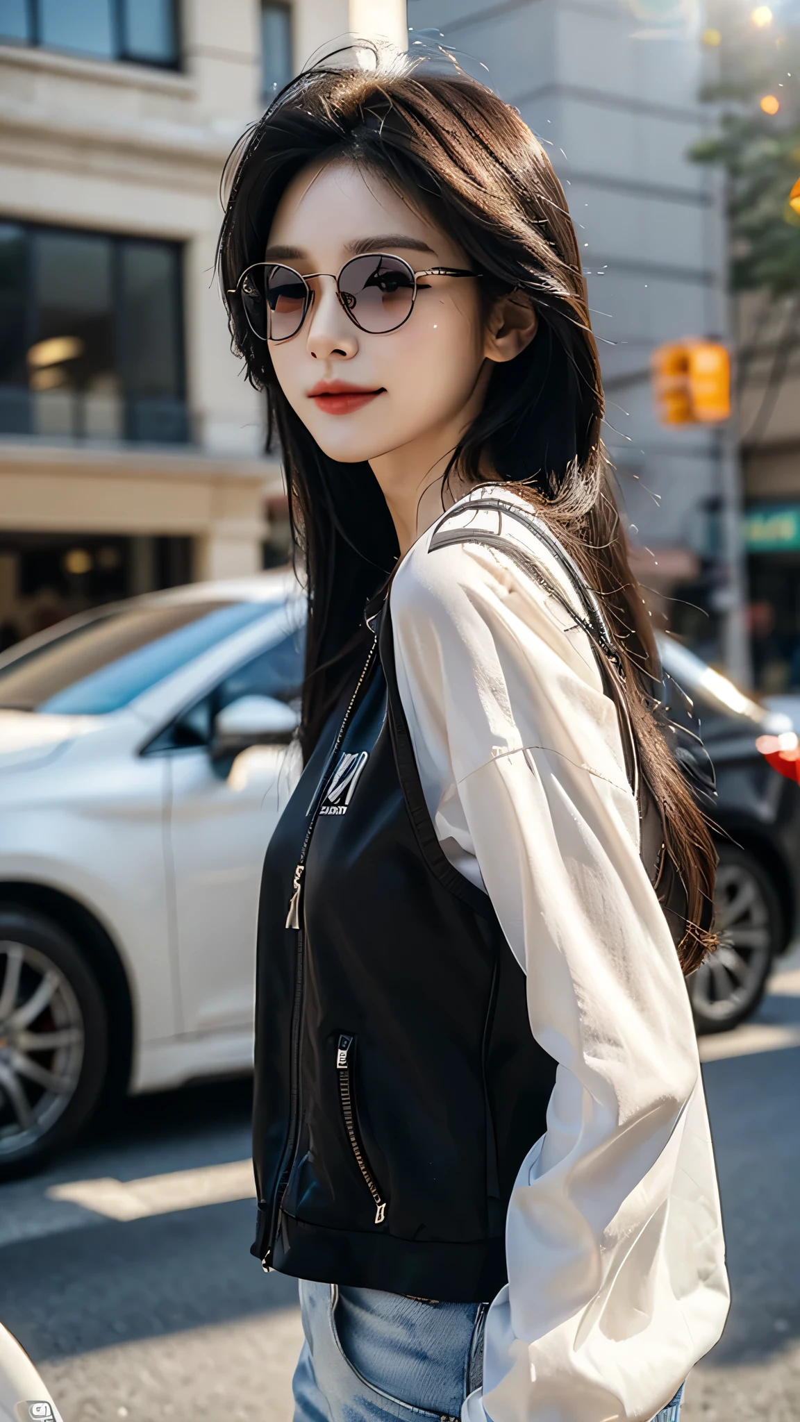 masterpiece、top-quality)、1 beutiful girl、Slim body、((Black and white plain clothes:1.1))、((Wearing black sunglasses )), (Detailed beautiful eyes), ((Detailed skin)) , ((Detailed beautiful hair)), Walk around the store、((Boyish Brown Medium Hair))、((Smaller face))、((Neutral face))、((Face seen from the side))、((Light brown eyes))、((Korean Girl))、((18year old))、((cool lady))、((A shy smile on his face))、((Korean Makeup))、((elongated and sharp eyes))、((Happy dating))、((looking distantly))、((boyish))、((Shot from the same height as your face))、((Shorter than viewer))、((She is running ahead of the viewer))、((Hold your mouth with your hand)), ((CG rendering)), ((Blurred background)), ((deep shadow)), ((16K)), ((Very detailed)), ((wallpaper)), ((depth of field)), ((movie light)), ((lens flare, Ray tracing)).
