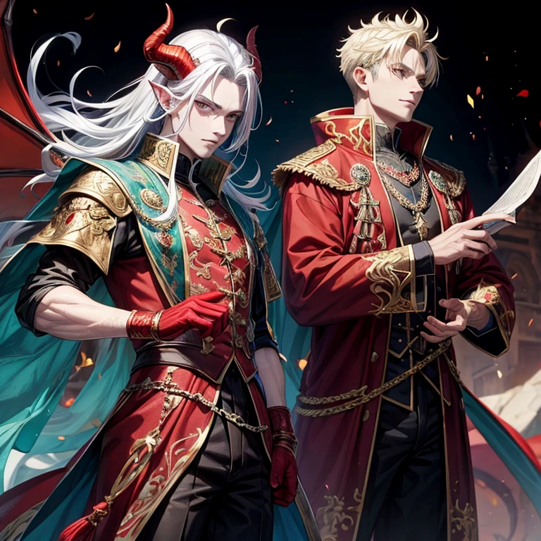 Red dragon head horns, roupa de espadachim, casaco de espadachim ornamentado, olhando para espectador, olhar claro, Dragon Eyes, magic in the wizard&#39;s hand, sword in the swordsman&#39;s hand, e outro roupa de bruxo, sword in the swordsman&#39;s hand, magia na do bruxo, garoto da direita usa magia, rostos do Vergil e Dante de Devil May Cry
