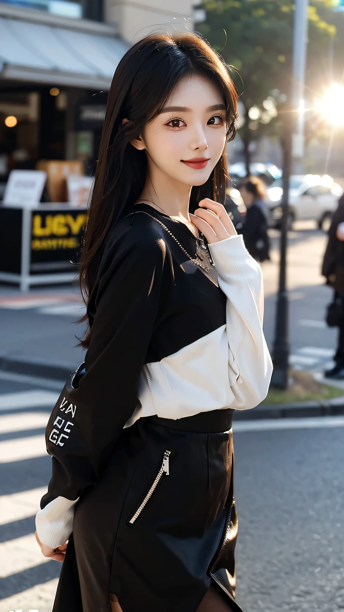 masterpiece、top-quality)、1 beutiful girl、Slim body、((Black and white plain clothes:1.1))、((Wearing black sunglasses )), (Detailed beautiful eyes), ((Detailed skin)) , ((Detailed beautiful hair)), Walk around the store、((Boyish Brown Medium Hair))、((Smaller face))、((Neutral face))、((Face seen from the side))、((Light brown eyes))、((Korean Girl))、((18year old))、((cool lady))、((A shy smile on his face))、((Korean Makeup))、((elongated and sharp eyes))、((Happy dating))、((looking distantly))、((boyish))、((Shot from the same height as your face))、((Shorter than viewer))、((She is running ahead of the viewer))、((Hold your mouth with your hand)), ((CG rendering)), ((Blurred background)), ((deep shadow)), ((16K)), ((Very detailed)), ((wallpaper)), ((depth of field)), ((movie light)), ((lens flare, Ray tracing)).