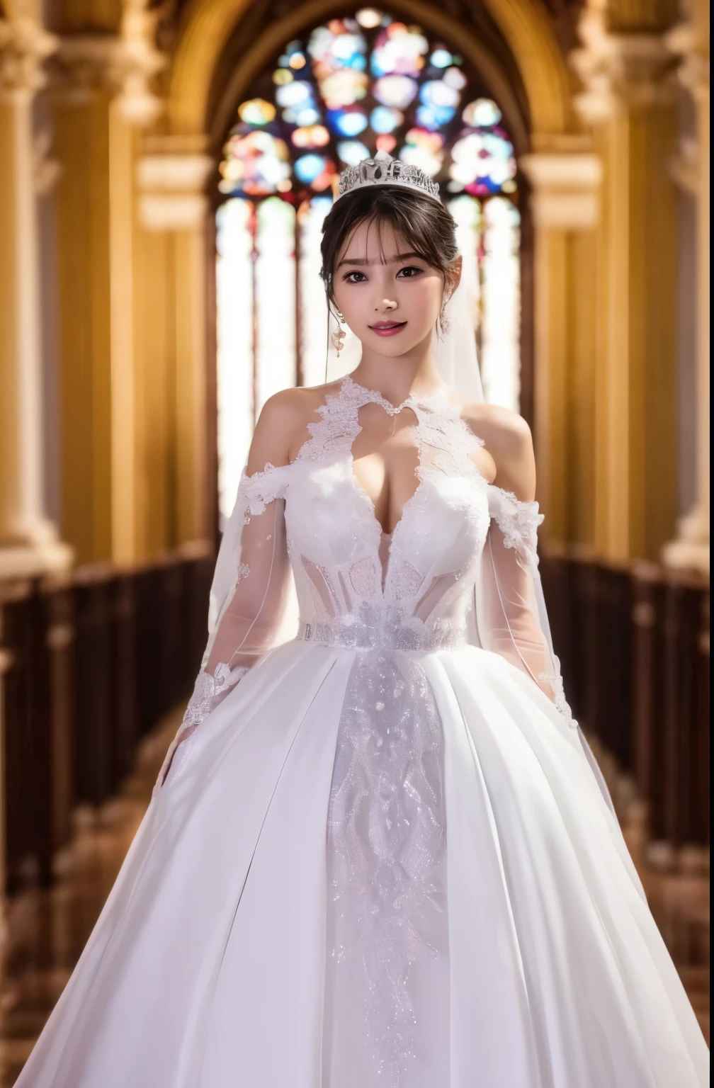 Naked,Full body like," Figure, Bride's outfit without shoulder straps,Small silver tiara,Colossal tits,sloppy and droopy breasts ,Fully visible bust,Sheer princess skirt,Wedding in the church,There is a large crowd of participants behind you, the perfect body, (Best Quality, 4K, 8K, High resolution, masutepiece:1.2), Ultra-detailed, (Realistic, Photorealistic, Photorealsitic:1.37), royal, Captivating, (Vibrant colors, sharp chest:1.1), Soft lighting", transparent dress. micro bikini.