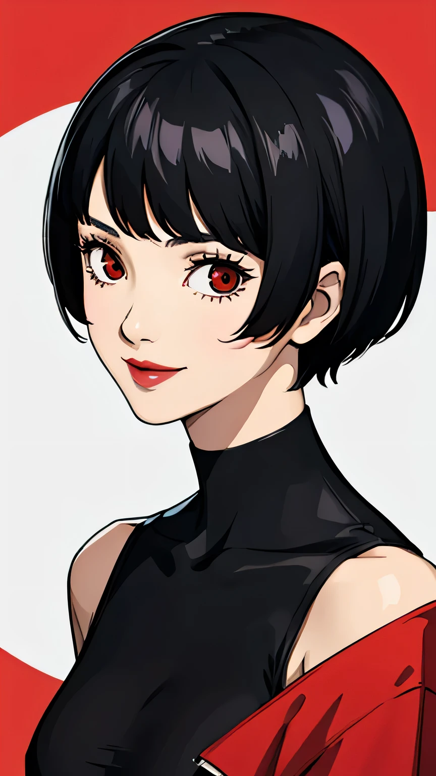 1 girl, red eyes, very Short hair, black choker, lipstick, portrait, smile, black hair, small breast