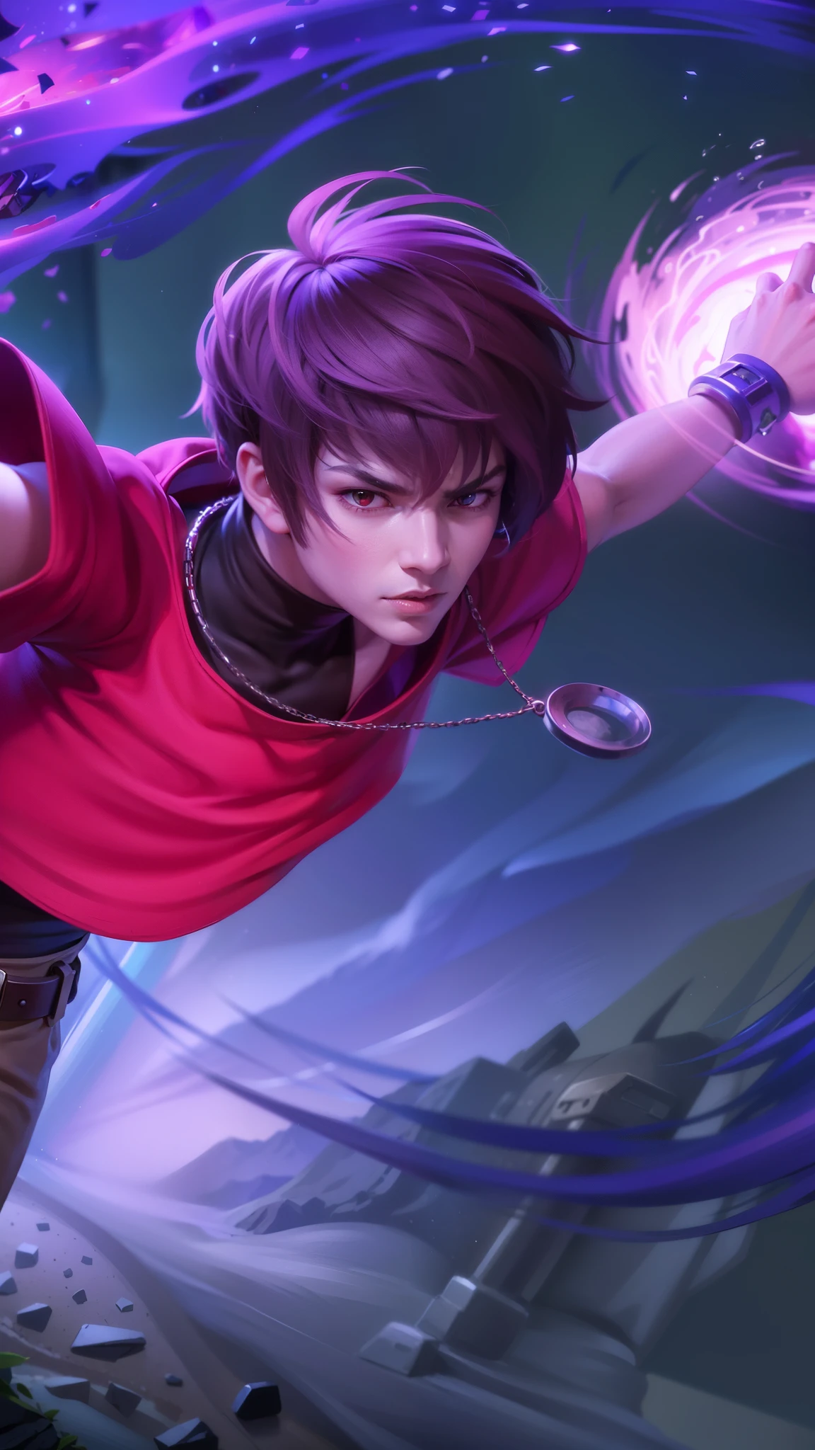 boy with purple hair and red shirt holding a purple ball, Masterpiece, ultra HD, detailed all picture, a close up of a devil, dyrroth from mobile legend, evil, extremely detailed artgerm, mobile legends character, inspired by Dyrroth, Six pack chest and abs, black jewel above the chest, strong red eyes, glare.