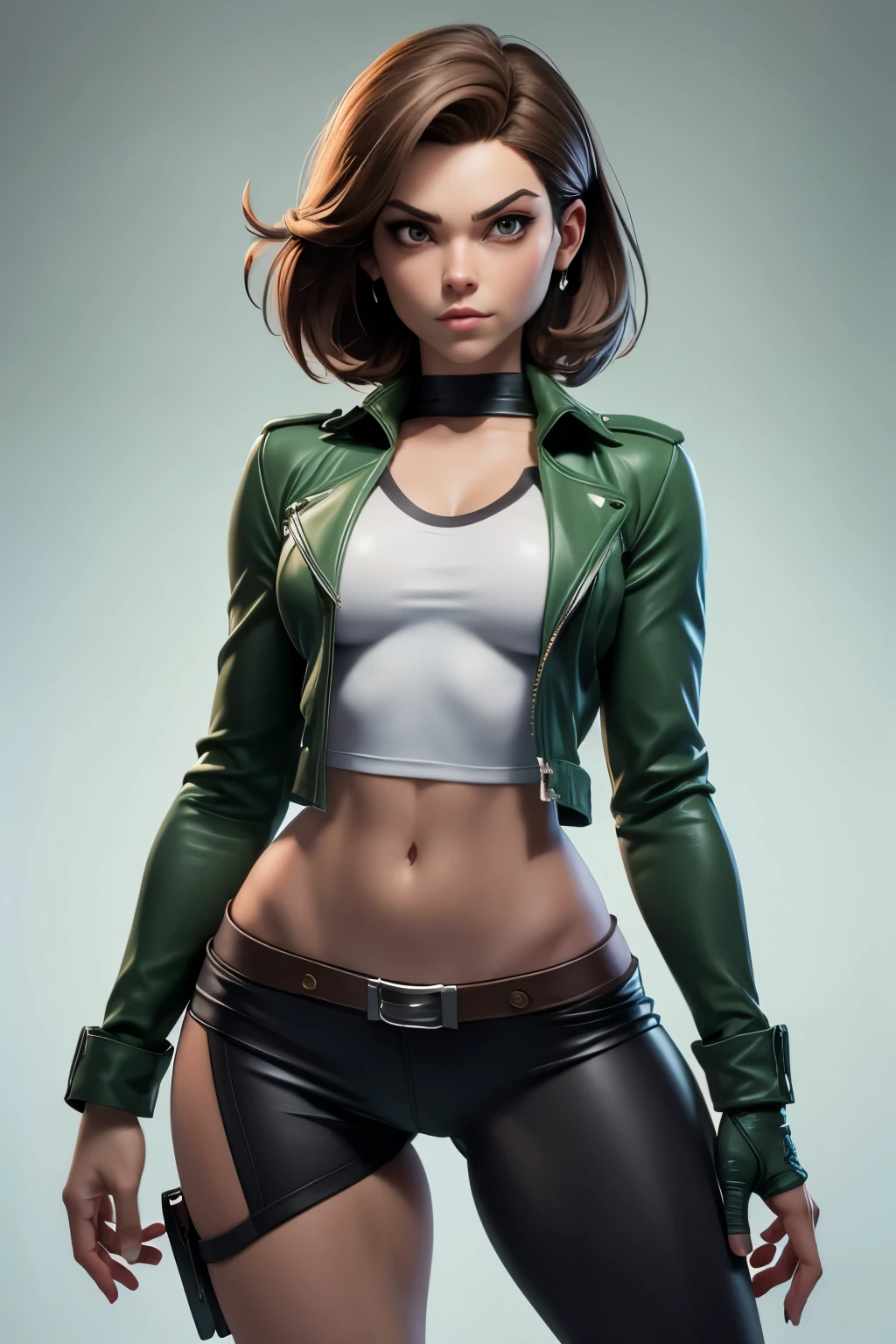 rogue from x men evolution with a brown short rogue hair, cotton!, green jacket!, big gray eyes, very small breasts, cotton cream top WITH NECKLINE and open cotton green jacket!, fish net tights, black skirt, black gloves, covered navel, cropped legs, cotton, front view!, white background, realistic colors, front view, light coming from the right, 8K image quality, Masterpiece