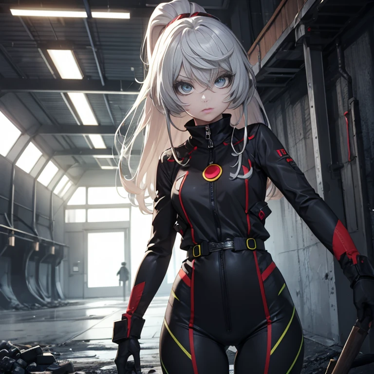 A woman with futuristic clothes working in coal mining, anime style