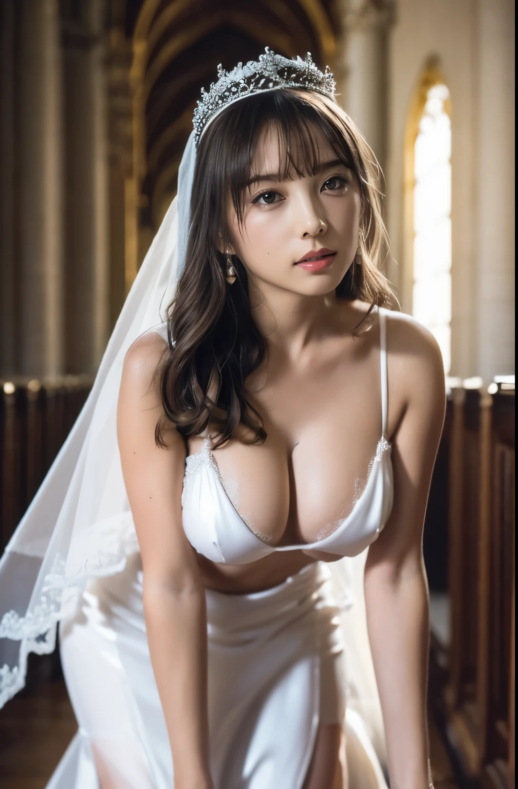 Naked,Full body like," Figure, Bride's outfit without shoulder straps,Small silver tiara,Colossal tits,sloppy and droopy breasts  ,Fully visible bust,Sheer princess skirt,Wedding in the church,There is a large crowd of participants behind you, the perfect body, (Best Quality, 4K, 8K, High resolution, masutepiece:1.2), Ultra-detailed, (Realistic, Photorealistic, Photorealsitic:1.37), royal, Captivating, (Vibrant colors, sharp chest:1.1), Soft lighting", transparent dress. micro bikini.