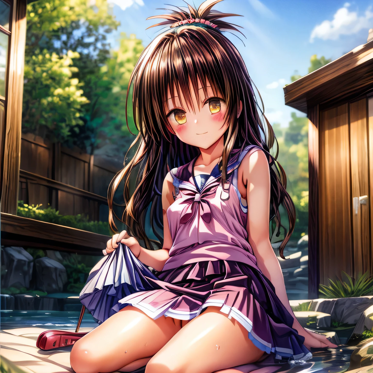 realistically, hair ornament, outdoor, onsen, daytime, lightray, glitter hair, brown eyes, glowing eyes, white short skirt, ultra shot skirt, Blush, daytime, Wet, see through, sleeveless shirt, nipples, pussy, armpit, , pussy, tricky smile, (((sit with knees raised))), windy, mikan, (((wind blow skirt up))), masterpiece, highest quality, Highest resolution, highest detailed face, perfect hands, perfect anatomy,