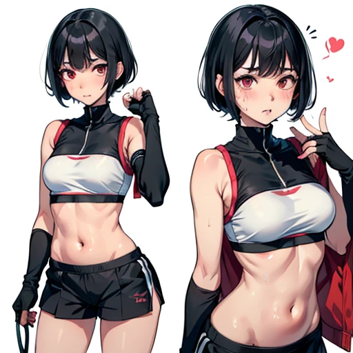 Cute Japanese high school girl with short-cut black hair, suffering from abdominal pain, looking pained, eyes wide open, mouth wide open, out of breath, drooling, very sweaty, out of stamina, slender body, poor breasts, small breasted sports bra, high leg shorts, open finger gloves