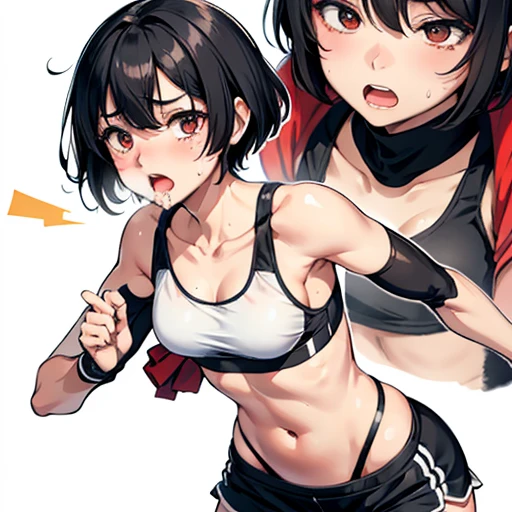 Cute Japanese high school girl with short-cut black hair, suffering from abdominal pain, looking pained, eyes wide open, mouth wide open, out of breath, drooling, very sweaty, out of stamina, slender body, poor breasts, small breasted sports bra, high leg shorts, open finger gloves