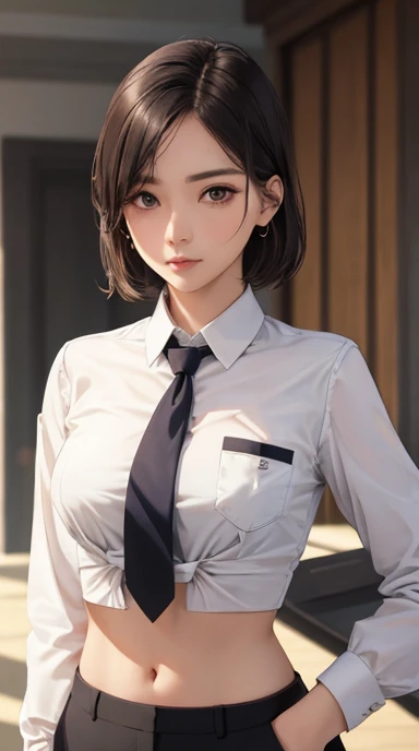 Woman in crop top button shirt, neck tie, suit, business , pen in a pocket, showing abdomen area