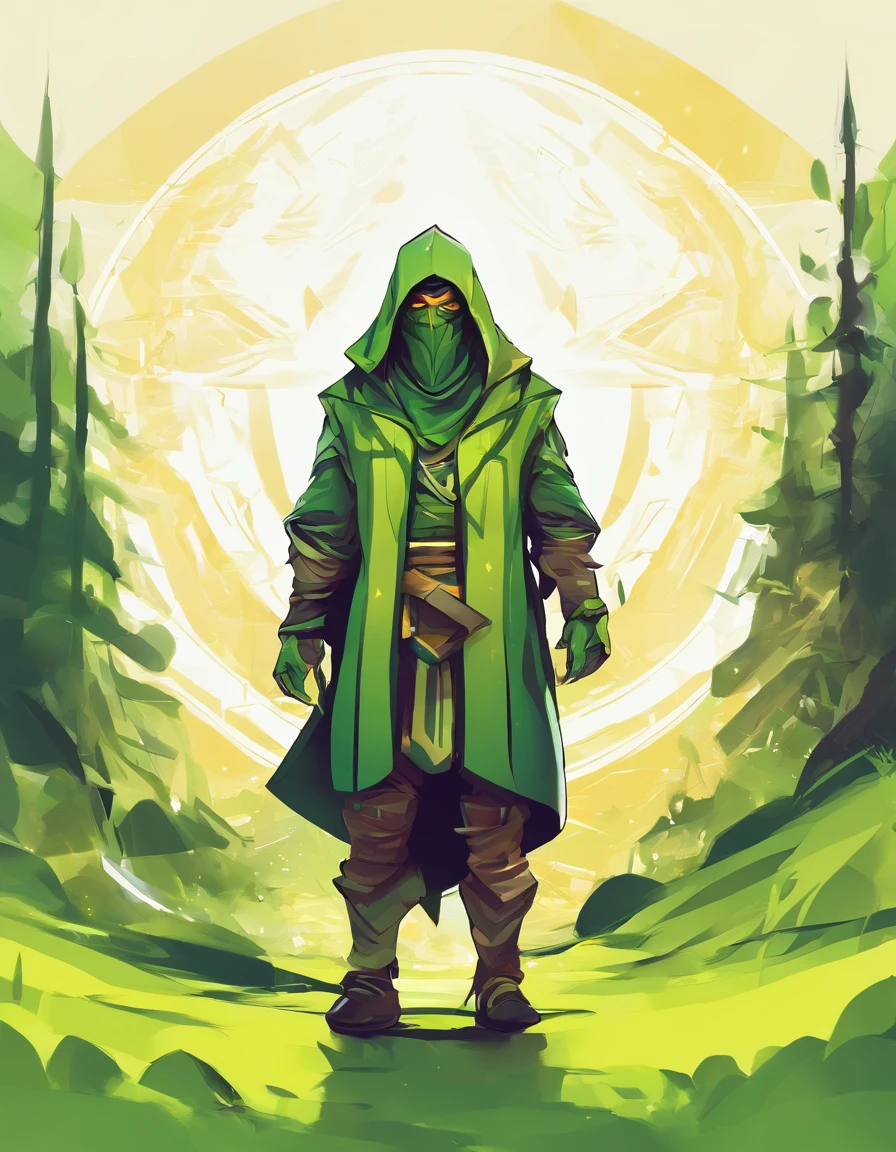 √(2×4)+5^(2), a futuristic hermit dressed with a green yellowish cloke and cowl is standing in the wilderness bearing a light,digital art