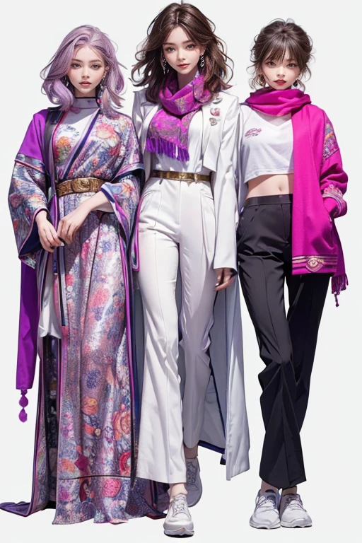 highest quality, Very detailed, masterpiece, 1 person,woman,(((完璧なwomanの体))),Very beautiful face, Very beautiful body,Gentle expression, Very beautiful eyes,(Perfect Makeup:1.1),Fashion Model,Cyberpunk Fashion,Curly Hair,Shaggy Hair,Reddish purple and white-blue hair:1.3, Very thin body,Smart Abs, Monogram pattern,Gradation,Formal suit,Two-tone high-top sneakers,A kind smile,Full body portrait,(Background of London), (Shiny skin),(Earrings),Seesul,Colorful scarves,A long shawl with an intricate pattern,
