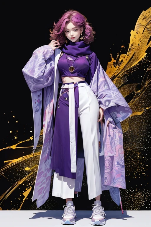 highest quality, Very detailed, masterpiece, 1 person,woman,(((完璧なwomanの体))),Very beautiful face, Very beautiful body,Gentle expression, Very beautiful eyes,(Perfect Makeup:1.1),Fashion Model,Cyberpunk Fashion,Curly Hair,Shaggy Hair,Reddish purple and white-blue hair:1.3, Very thin body,Smart Abs, Monogram pattern,Gradation,Formal suit,Two-tone high-top sneakers,A kind smile,Full body portrait,(Background of London), (Shiny skin),(Earrings),Seesul,Colorful scarves,A long shawl with an intricate pattern,