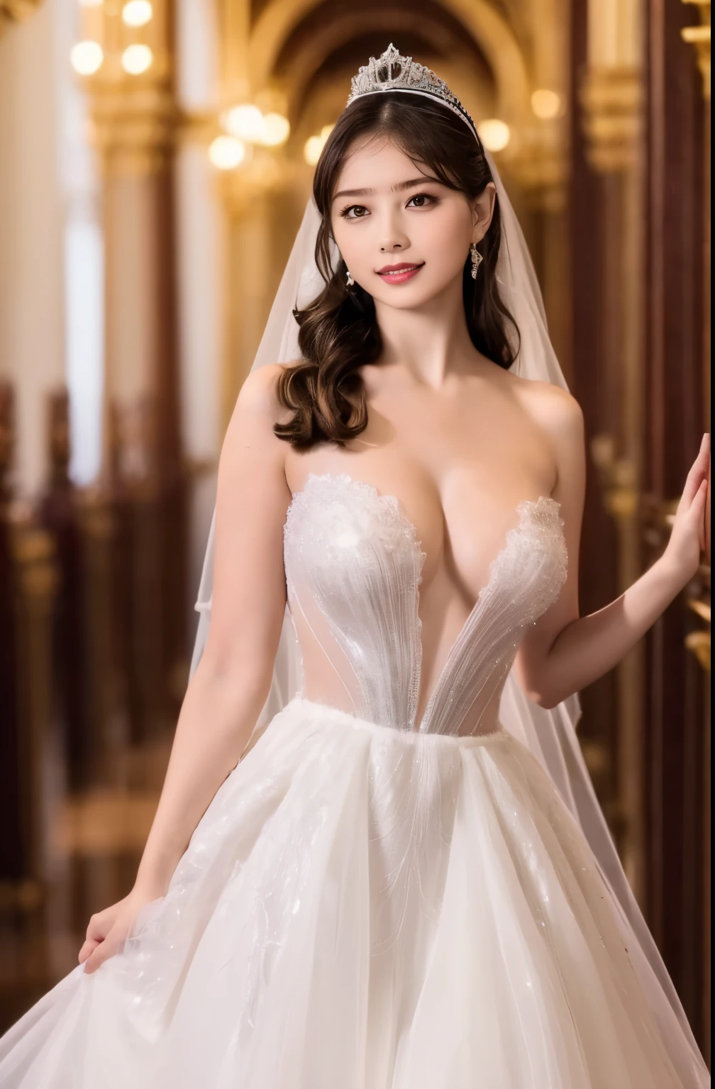 ?????,Full body like," Figure, Bride's outfit without shoulder straps,Small silver tiara,Colossal ????,sloppy and droopy ???????  ,Fully visible bust,Sheer princess skirt,Wedding in the church,There is a large crowd of participants behind you, the perfect body, (Best Quality, 4K, 8K, High resolution, masutepiece:1.2), Ultra-detailed, (Realistic, Photorealistic, Photorealsitic:1.37), royal, Captivating, (Vibrant colors, sharp ?????:1.1), Soft lighting", ?????????????????. micro ??????. deep cleavage.