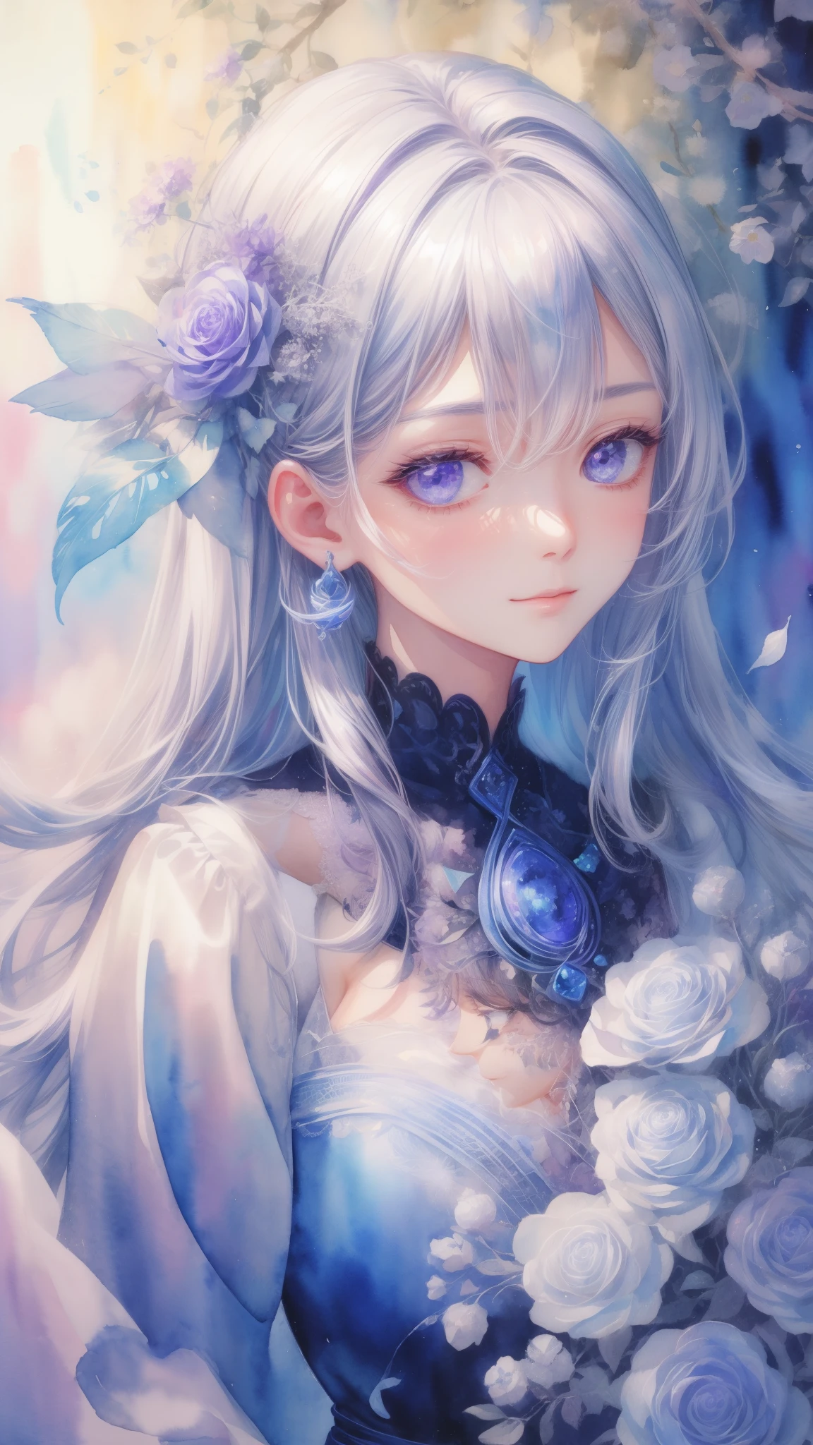best pictures、illustration、detail、(watercolor painting:1.4)、(Hand Painted:1.2)、(Watercolor brush bristles)、 Masterpiece: 1.7, top quality、solo、ish、sketch、paper texture、ultra high resolution、extra detaild face、Highly detaild eyes、flat color、limited pallet、high contrast、realistic、best lighting、welcome、beautiful、goblin、a mature woman、beautiful woman、purple jewel eye, silver shiny hair、straight long hair、Long hair with visible forehead、sexy longbangs,blue gemstone、a little smile、Blanche:1.5、(Zentangle、mandala、dispute、twist:1)、flowers in background、many flowers,upper body