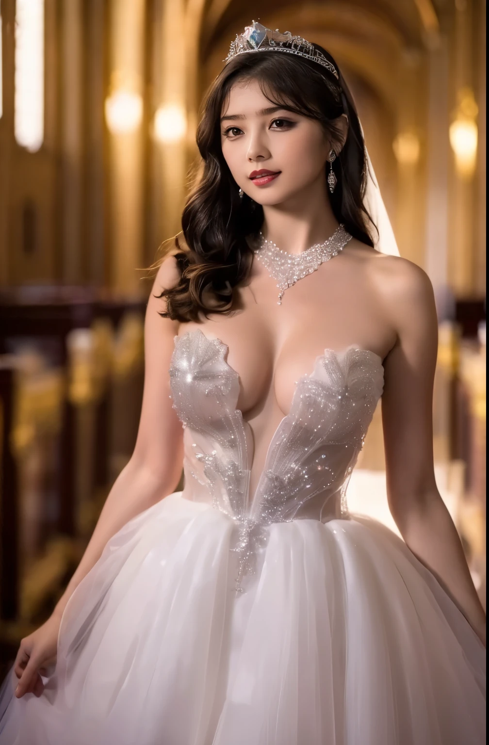 Naked,Full body like," Figure, Bride's outfit without shoulder straps,Small silver tiara,Colossal tits,sloppy and droopy breasts ,Fully visible bust,Sheer princess skirt,Wedding in the church,There is a large crowd of participants behind you, the perfect body, (Best Quality, 4K, 8K, High resolution, masutepiece:1.2), Ultra-detailed, (Realistic, Photorealistic, Photorealsitic:1.37), royal, Captivating, (Vibrant colors, sharp chest:1.1), Soft lighting", transparent dress. micro bikini. deep breasts cleavage. naked thighs.