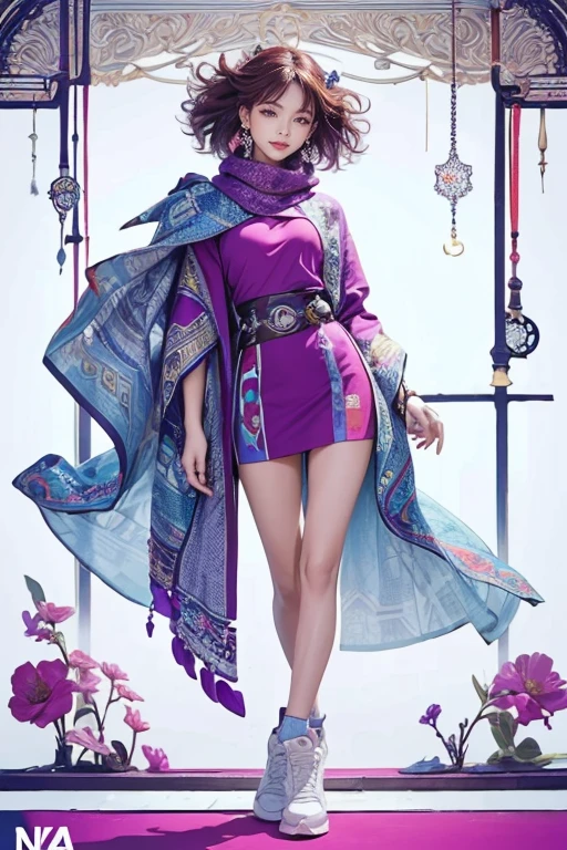 highest quality, Very detailed, masterpiece, 1 person,woman,(((完璧なwomanの体))),Very beautiful face, Very beautiful body,Gentle expression, Very beautiful eyes,(Perfect Makeup:1.1),Fashion Model,Cyberpunk Fashion,Curly Hair,Shaggy Hair,Reddish purple and white-blue hair:1.3, Very thin body,Smart Abs, Monogram pattern,Gradation,Formal suit,Two-tone high-top sneakers,A kind smile,Full body portrait,(Background of London), (Shiny skin),(Earrings),Seesul,Colorful scarves,A long shawl with an intricate pattern,