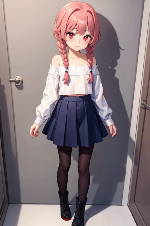 8k,masterpiece, best quality, 1 Girl,bedroom,big eyes,Loli,Slender figure,short and small,Red eyes, Light blue braids, Wear a white shirt,Show your belly button,Wear a short black skirt,Off-shoulder,Shy, blush,Pantyhose,Standing,Black casual boots,