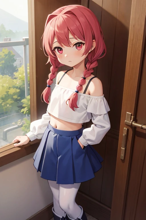 8k,masterpiece, best quality, 1 Girl,bedroom,big eyes,Loli,Slender figure,short and small,Red eyes, Light blue braids, Wear a white shirt,Show your belly button,Wear a short black skirt,Off-shoulder,Shy, blush,Pantyhose,Standing,Black casual boots,