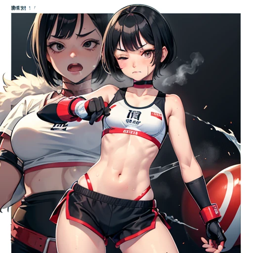 Cute Japanese high school girl with short-cut black hair, suffering from damage to abdomen, in a women's mixed martial arts ring, looking pained, one eye closed, mouth wide open, out of breath, drooling, very sweaty, out of stamina, slender body, poor breasts, small breasted sports bra, high leg shorts, open finger gloves