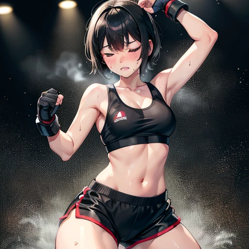 Cute Japanese high school girl with short-cut black hair, suffering from damage to abdomen, in a women's mixed martial arts ring, looking pained, one eye closed, mouth wide open, out of breath, drooling, very sweaty, out of stamina, slender body, poor breasts, small breasted sports bra, high leg shorts, open finger gloves