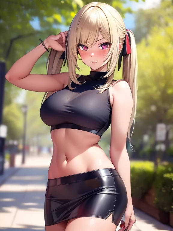 (masterpiece, best quality, high resolution, 8k), 1 girl, girl style anime,  low twintails, sweater, sleeveless, midriff, (sexy navel), red moist navel, black tight leather miniskirt with high heels, hips, big breasts, outdoors, arms behind, (blushing:1.3), staund up, thicc abdomen in a park streeth