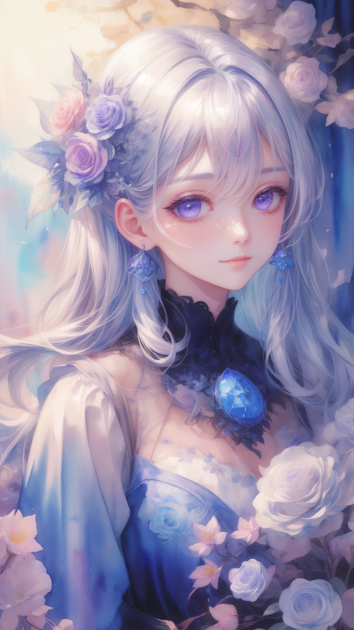 best pictures、illustration、detail、(watercolor painting:1.4)、(Hand Painted:1.2)、(Watercolor brush bristles)、 Masterpiece: 1.7, top quality、solo、ish、sketch、paper texture、ultra high resolution、extra detaild face、Highly detaild eyes、flat color、limited pallet、high contrast、realistic、best lighting、welcome、beautiful、goblin、a mature woman、beautiful woman、purple jewel eye, silver shiny hair、straight long hair、Long hair with visible forehead、sexy longbangs,blue gemstone、a little smile、Blanche:1.5、(Zentangle、mandala、dispute、twist:1)、flowers in background、many flowers,upper body