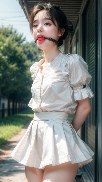 (Ultra detailed), (masterpiece), (best quality), (very detailed CG unit 8k wallpaper),a girl shirt White , White pleated skirt , exploring abandoned city, following the road, polluted, abandoned, (green sky), neglected, dawn, concept art, (small growths of tiny shiny fungi, roots, spores, polluted air), (greenish sky), dark, post-apocalypse, cinematic, highly detailed, stylized wallpaper, ballgag