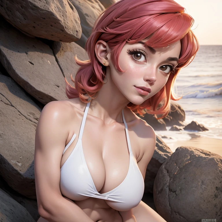 Mujer de anime con enormes oppais, mediana edad,hermoso rostro detallado, cabello corto, pose sexy y provocativa, stunning slim and athletic body, bikini blanco y sosten diminuto blanco, retrato cuerpo completo 1.2 naturaleza de fondo landscape