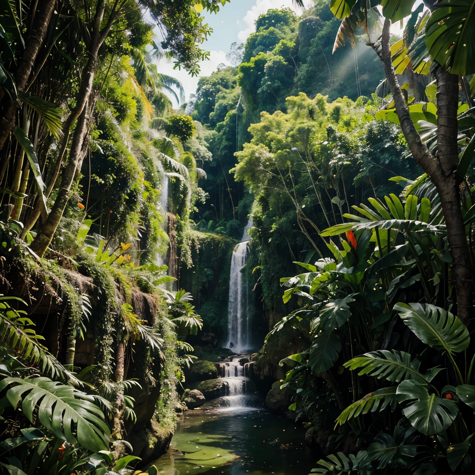 * Image prompt: A lush green jungle with colorful birds flying overhead, depicting the Amazon rainforest.
* Description: Introduce the setting of the Amazon rainforest and introduce the main character, Raju, as a curious and adventurous boy living in a village within the jungle.