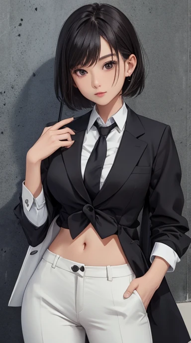 Woman in white crop top button shirt, neck tie, (black suit), business , pen in a pocket, showing abdomen area 