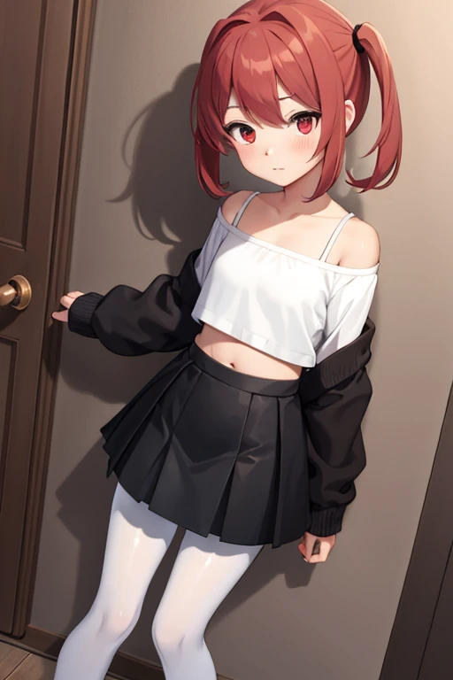8k,masterpiece, best quality, 1 Girl,bedroom,big eyes,Loli,Slender figure,short and small,Red eyes, White twin ponytails, Wear a white shirt,Show your belly button,Wear a short black skirt,Off-shoulder,Shy, blush,White pantyhose,Standing,Black casual boots,