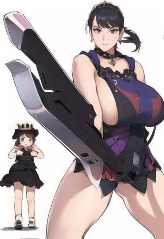 Queen's Blade Weapon Merchant Katrea,Anime girl holding a sword and a woman in a skirt, wear glasses,Pleated Skirt((Awkward, blush, charming, Close your eyes, ,with tears in eyes,open mouth, Saliva residue,The hem of the skirt is wet, Brushed,)Huge Breasts:1.5、Low-cut,Cleavage, Wide hips,Thick thighs)The Last Vision, Ultra-high resolution,4K,Super detailed, photography, 8k, HDR, high resolution, absurd:1.2, Kodak Portrait 400, Film Grain, Blurred background, Bokeh:1.2, lens flare, (Energetic_color:1.2),Professional photography