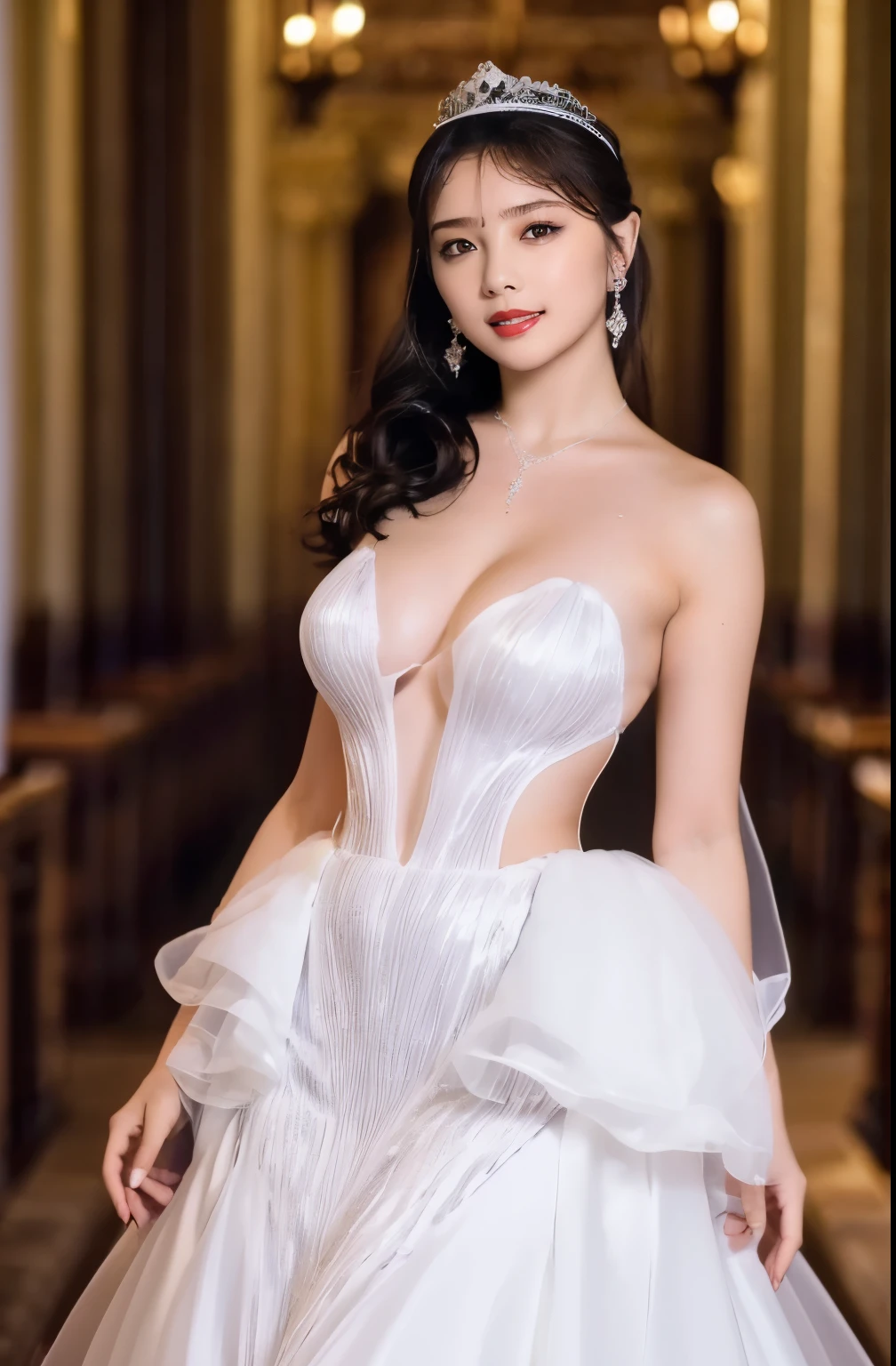 Naked,Full body like," Figure, Bride's outfit without shoulder straps,Small silver tiara,Colossal tits,sloppy and droopy breasts ,Fully visible bust,Sheer princess skirt,Wedding in the church,There is a large crowd of participants behind you, the perfect body, (Best Quality, 4K, 8K, High resolution, masutepiece:1.2), Ultra-detailed, (Realistic, Photorealistic, Photorealsitic:1.37), royal, Captivating, (Vibrant colors, sharp chest:1.1), Soft lighting", transparent dress. micro bikini.