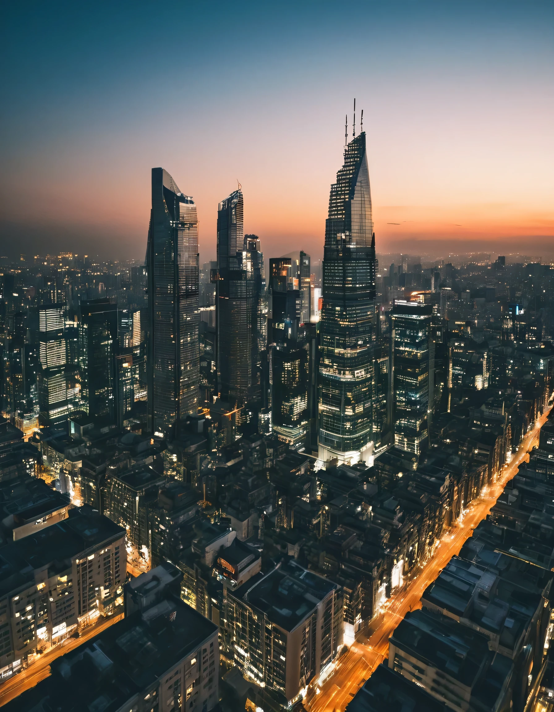 arafed view of a city at dusk with a skyscraper in the foreground, city in the background, skyscrapers in the background, skyline showing, city in background, city skyline in the background, skyline view from a rooftop, skyline showing from the windows, tech city in the background, with tall glass skyscrapers, towering over a city
