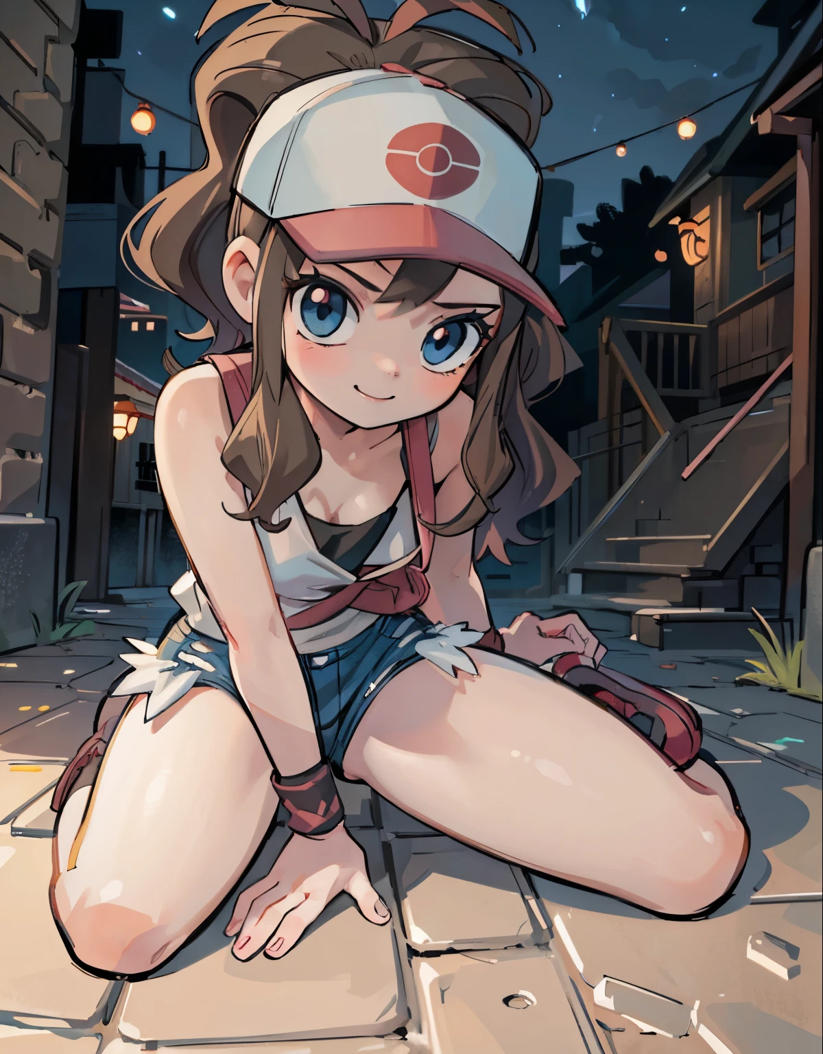 (best quality, highres, masterpiece:1.2), ultra-detailed, realistic:1.37, sketches, hilda pokemon, def1, teenage girl, sitting on her knees, visible thighs, chubby thighs, thighs in the foreground, body shape, dirty dark alley, night street, sentada junto a un hombre, hombre tocando su cuerpo, curious look, pokeballs, smile, encanto fe******, downblouse