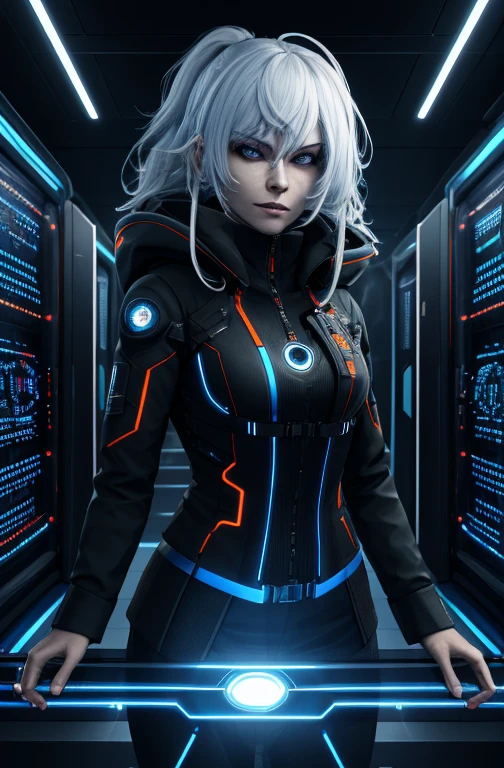 (absurdres, highres, ultra detailed), 1woman, mature female, aged up, wavy long hair, white hair, black eyes, bangs, long sleeves, finely detailed eyes and detailed face, extremely detailed CG unity 8k wallpaper, intricate details, portrait, looking at viewer, solo, (full body:0.6), detailed background, detailed face, (matrix theme:1.1) evil high-tech futuristic hacker, advanced technology, hoodie, techwear, wearable device, keycard, cables, head-up display, blue (holographic display:1.05), access granted, cybersecurity, server room in background, orange lights, dark sinister atmosphere, , portrait, wind swirling