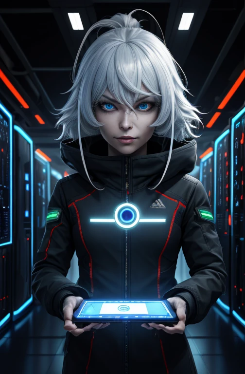 (absurdres, highres, ultra detailed), 1woman, mature female, aged up, wavy long hair, white hair, black eyes, bangs, long sleeves, finely detailed eyes and detailed face, extremely detailed CG unity 8k wallpaper, intricate details, portrait, looking at viewer, solo, (full body:0.6), detailed background, detailed face, (matrix theme:1.1) evil high-tech futuristic hacker, advanced technology, hoodie, techwear, wearable device, keycard, cables, head-up display, blue (holographic display:1.05), access granted, cybersecurity, server room in background, orange lights, dark sinister atmosphere, , portrait, wind swirling