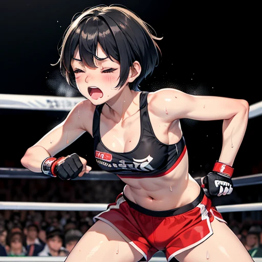 Cute Japanese high school girl with short-cut black hair, suffering from being beaten by her opponent during a match in a women's mixed martial arts ring, pained expression, one eye closed, mouth wide open, out of breath, drooling, very sweaty, out of stamina, slender body, poor breasts, small breasted sports bra, high leg shorts, open finger gloves