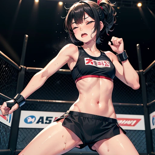 Cute Japanese high school girl with short-cut black hair, suffering from being beaten by her opponent during a match in a women's mixed martial arts ring, pained expression, one eye closed, mouth wide open, out of breath, drooling, very sweaty, out of stamina, slender body, poor breasts, small breasted sports bra, high leg shorts, open finger gloves