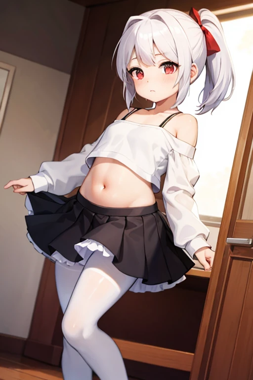 HD,masterpiece, best quality, 1 Girl,bedroom,big eyes,,Slender figure,short and small,Red eyes,White hair, Double ponytail hairstyle, Wear a white shirt,Show your belly button,Wear a short black skirt,Off-shoulder,Shy, blush,White pantyhose,Standing,Black casual boots,