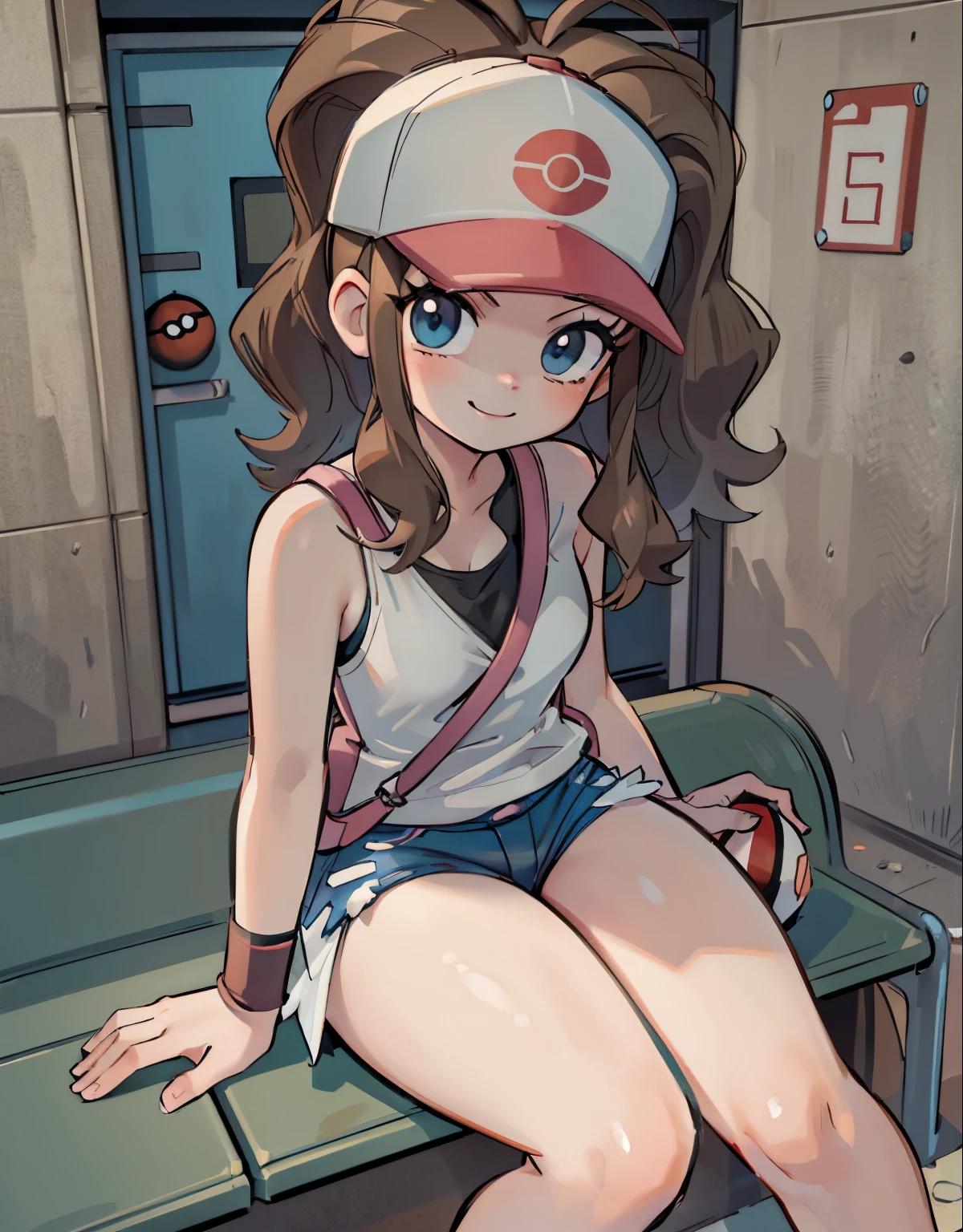 (best quality, highres, masterpiece:1.2), ultra-detailed, realistic:1.37, sketches, hilda pokemon, def1, teenage girl, sitting on her knees, visible thighs, chubby thighs, thighs in the foreground, body shape, dirty underpass, underpass, scary underpass, sentada junto a un hombre, hombre tocando su cuerpo, curious look, pokeballs, smile, encanto fe******, downblouse