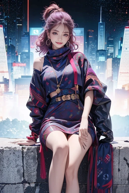 highest quality, Very detailed, masterpiece, 1 person,woman,(((完璧なwomanの体))),Very beautiful face, Very beautiful body,Gentle expression, Very beautiful eyes,(Perfect Makeup:1.1),Fashion Model,Cyberpunk Fashion,Curly Hair,Shaggy Hair,Reddish purple and white-blue hair:1.3, Very thin body,Smart Abs, Monogram pattern,Gradation,Dress One Piece,Two-tone high-top sneakers,A kind smile,Full body portrait,(Nightclub Background), (Shiny skin),(Earrings),Seesul,Colorful scarves,A long shawl with an intricate pattern,