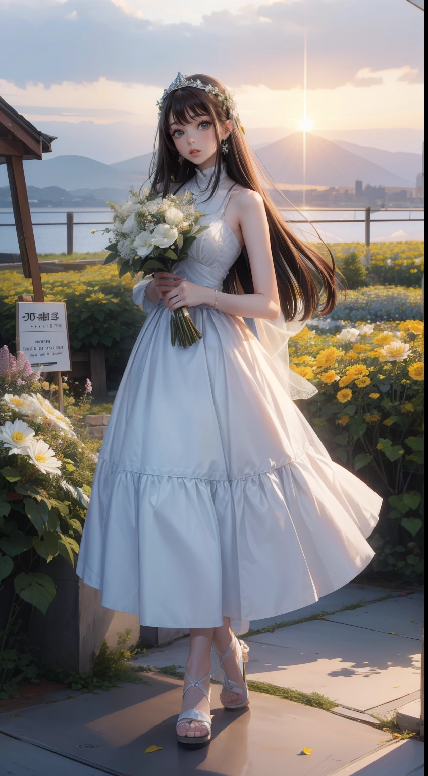 Beach,Black Hair,Straight hair,Random Hairstyles、Lumine | genshin impact, master-piece, bestquality, 1girls,25 years old, proportional body, proportional., Wedding Dresses, White Wedding Dress, Long skirt, wedding, mediuml breasts, ,bara, Standing in the middle of a flower garden, outdoor, wedding, The sky is beautiful, Both hands hold a bouquet of flowers............, View viewers from the front., Thigh strap, Head tilt, bored, 10, 10, HD, slight smile, Super high quality,masterpiece,super high quality,Ultra-high resolution,Best image quality,Top-class,最high quality,Highest Resolution,high quality,beautiful,beautiful,high quality,Genuine texture,Genuine,8k,Detailed,Two-dimensional beautiful girl