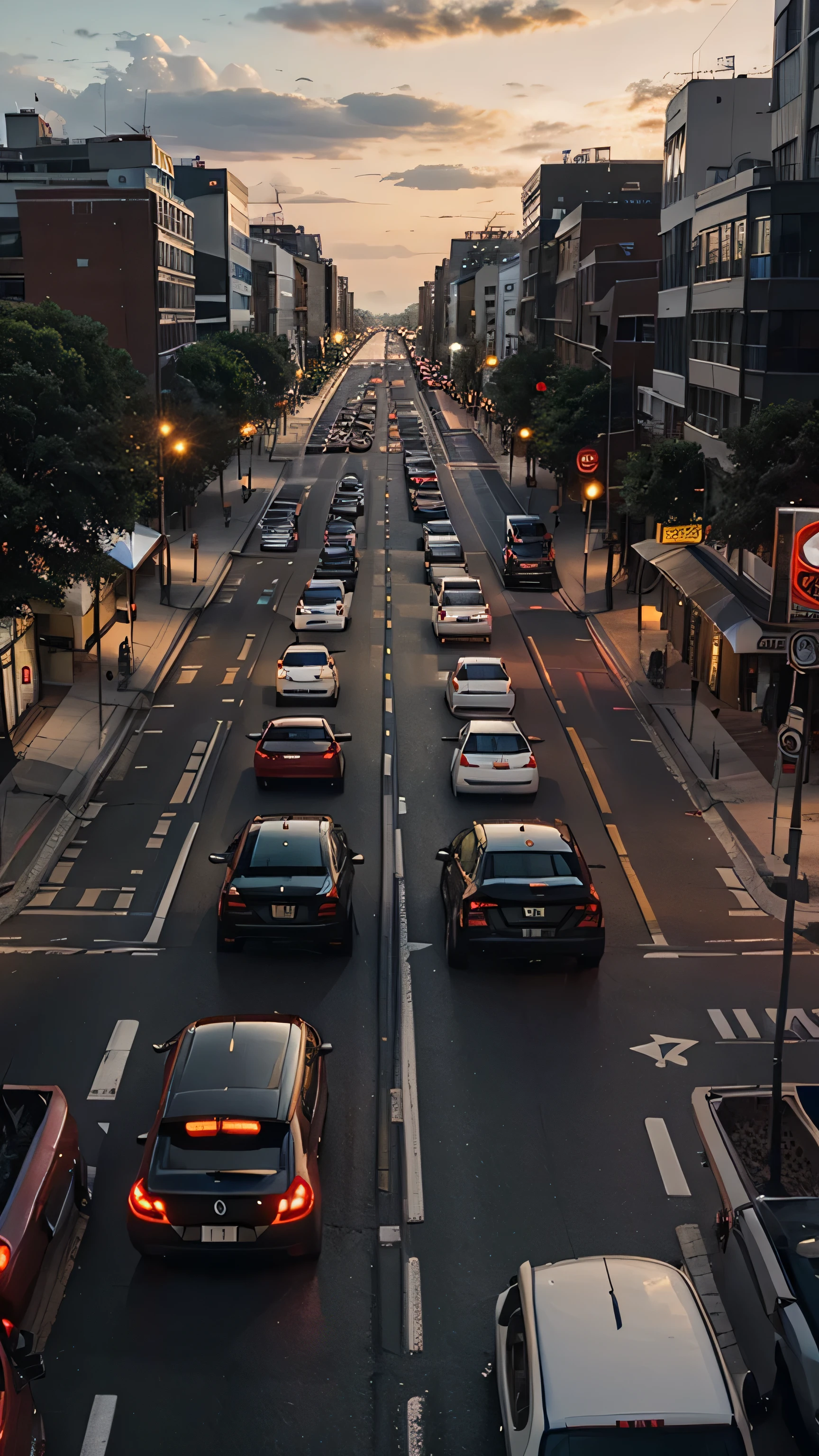 City Road，Many cars lined up waiting for the red light，The taillights look like an L from a distance