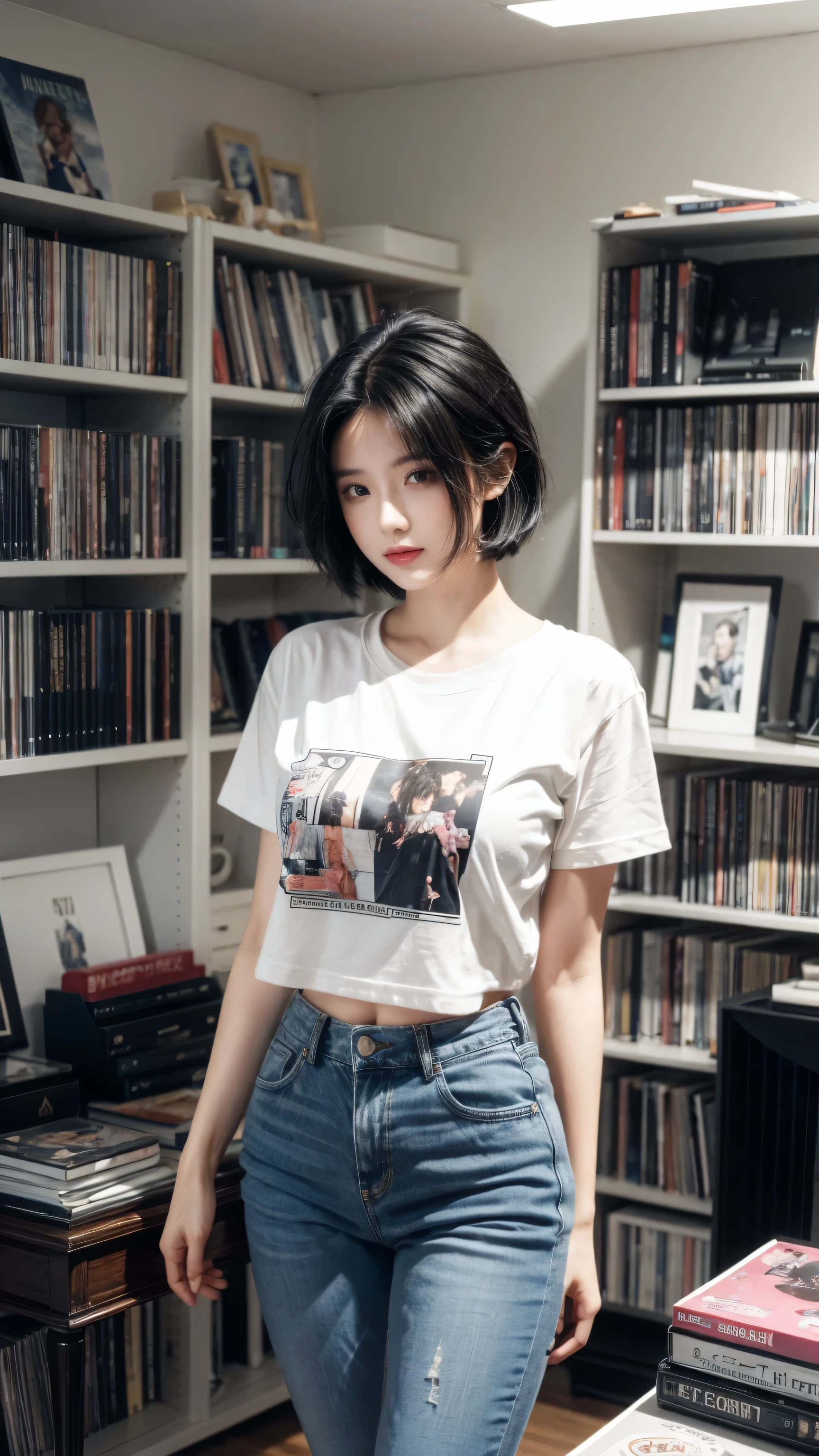 best quality, 1 Girl, ((Looking at the audience)), dark blue hair, black eyes, Very short hair, Spiky hair, Ahog, t-shirt, High waist jeans, 171 cm, Messy hair, Hair between the eyes, Medium breasts, Large Breasts, full, Dark Skin, Tomboy, aldult, 20 years old, 1 Girl, Solitary, only, Grin, Wide hips, thigh, permanent, The room is messy, bedroom, shelf, DVD, books, video games, , CD, Vinyl Records, VHS tapes,