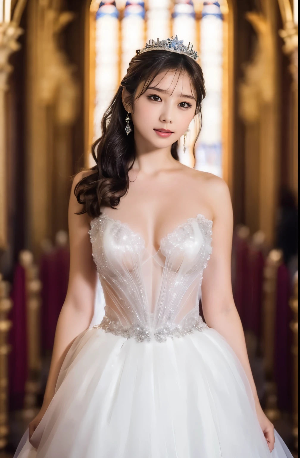 Naked,Full body like," Figure, Bride's outfit without shoulder straps,Small silver tiara,Colossal tits,sloppy and droopy breasts ,Fully visible bust,Sheer princess skirt,Wedding in the church,There is a large crowd of participants behind you, the perfect body, (Best Quality, 4K, 8K, High resolution, masutepiece:1.2), Ultra-detailed, (Realistic, Photorealistic, Photorealsitic:1.37), royal, Captivating, (Vibrant colors, sharp chest:1.1), Soft lighting", transparent dress. micro bikini.