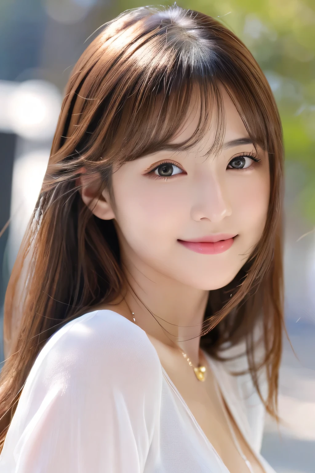 (((8k,Attention to detail,Attention to detail、highest quality,masterpiece,Attention to detail,))),RAW Photos & Realistic atmosphere,Beautiful dark eyes,Mouth Details,Glossy Lips,Thin eyebrows,beautiful Eyes、Soft white skin that shines in every detail、Her deep black eyes are very beautiful, Very beautiful face,Very beautiful face、A vivid face,beautiful, Glowing Lips,beautiful Eyebrows,Infinite Reality, Realistic Young Gravure Idol,Very cute woman , Young Gravure Idol, Young Gravure Idol, とても美しくてかわいいbeautiful 21 year old beauty,Incredibly beautiful and elegant,beautiful 21 year old beauty,Natural soft light,A little brown hair,(Shiny Hair,,beautiful and kind eyes:1.5),A kind smile,Shapely breasts,Medium Long Hair,beautiful posture,No makeup,Watching the Future,