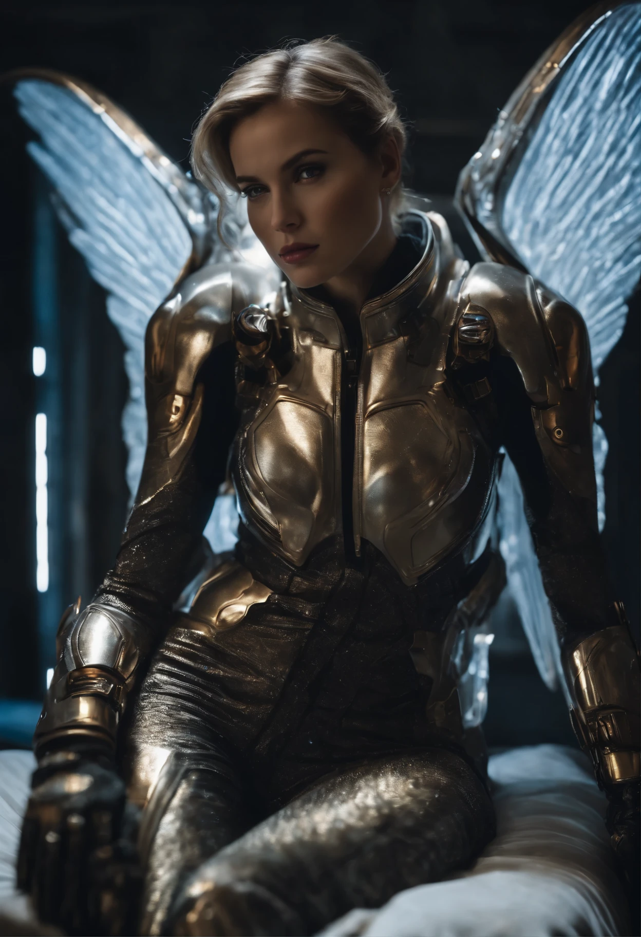 Cosmic Fallen Angel: A woman in a space suit lies on a bed, her ethereal features contrasting the cold metallic environment. Her wings, made of translucent cosmic matter, sprawl behind her. The intricate details of her suit shimmer under the dimly lit room, reflecting the faint stars and nebulas outside. Her unblinking, robotic eyes hold a melancholic gaze, adding to her enigmatic allure.

Retrato Armored Astronauta: A portrait of an armored astronauta fills the frame. The girl's sleek, mechanized suit is meticulously detailed, with every seam, bolt, and wire visible