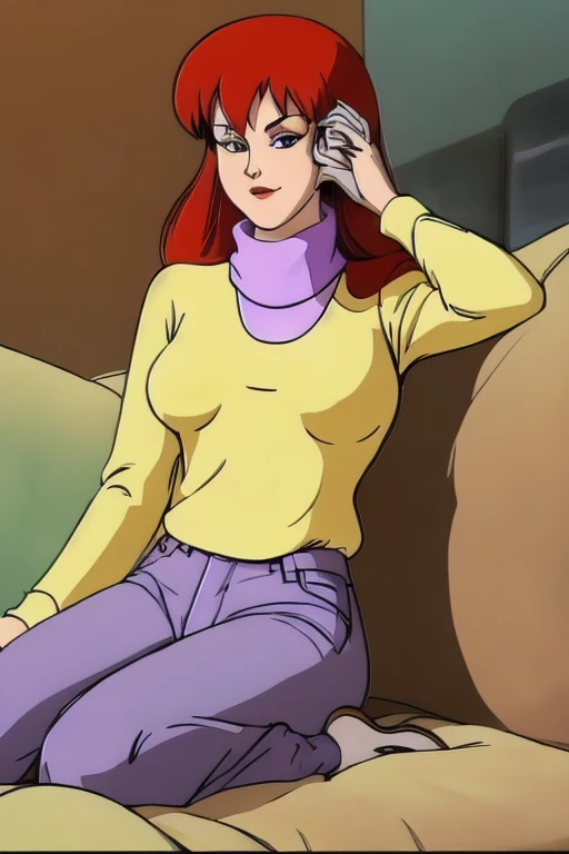 absurdres, mary jane watson, full body, yellow sweater with purple turtleneck jeans pants, brown cowboy boots, sitting on sofa, front view 