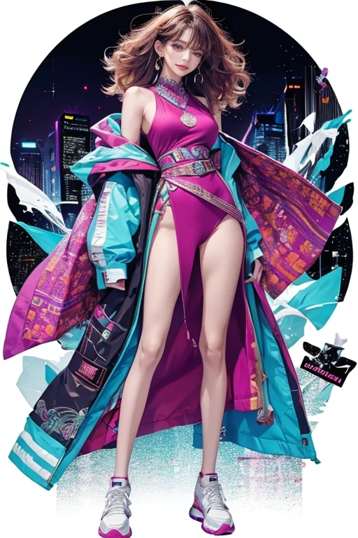 highest quality, Very detailed, masterpiece, 1 person,woman,(((完璧なwomanの体))),Very beautiful face, Very beautiful body,Gentle expression, Very beautiful eyes,(Perfect Makeup:1.1),Fashion Model,Cyberpunk Fashion,Curly Hair,Shaggy Hair,Reddish purple and white-blue hair:1.3, Very thin body,Smart Abs, Monogram pattern,Gradation,Long dress one piece,Two-tone high-top sneakers,A kind smile,Full body portrait,(Nightclub), (Shiny skin),(Earrings),Seesul,Colorful scarves,A long shawl with an intricate pattern,